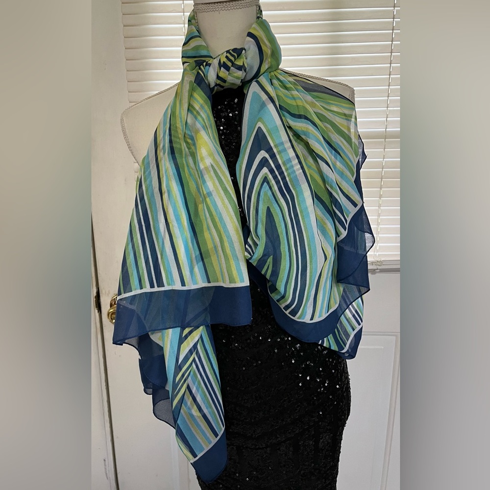 PRINTEMPS Blue Green Yellow Striped Sheer LARGE Scarf Wrap Cover Up Made Italy